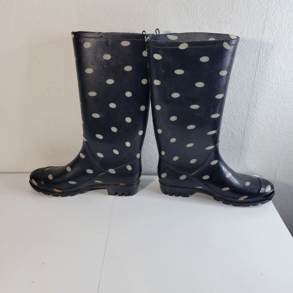 Womens Capelli of New York Black w White dots Rain boots Size 7